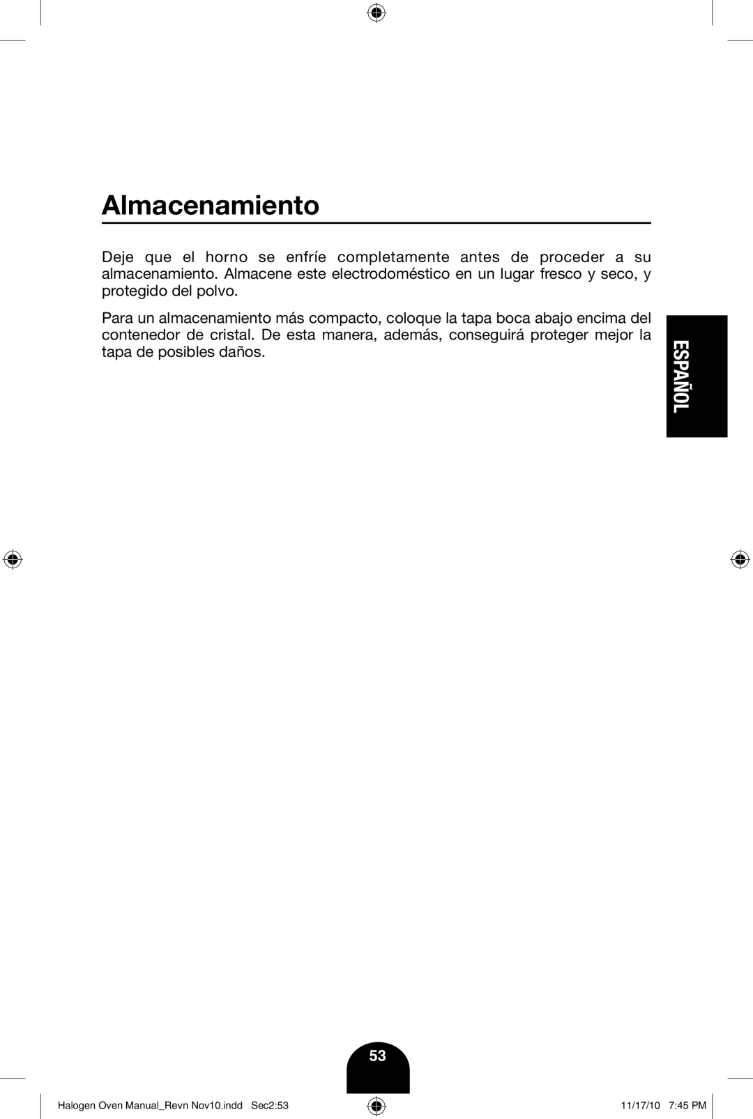 Fagor America 670040380 user manual Almacenamiento 