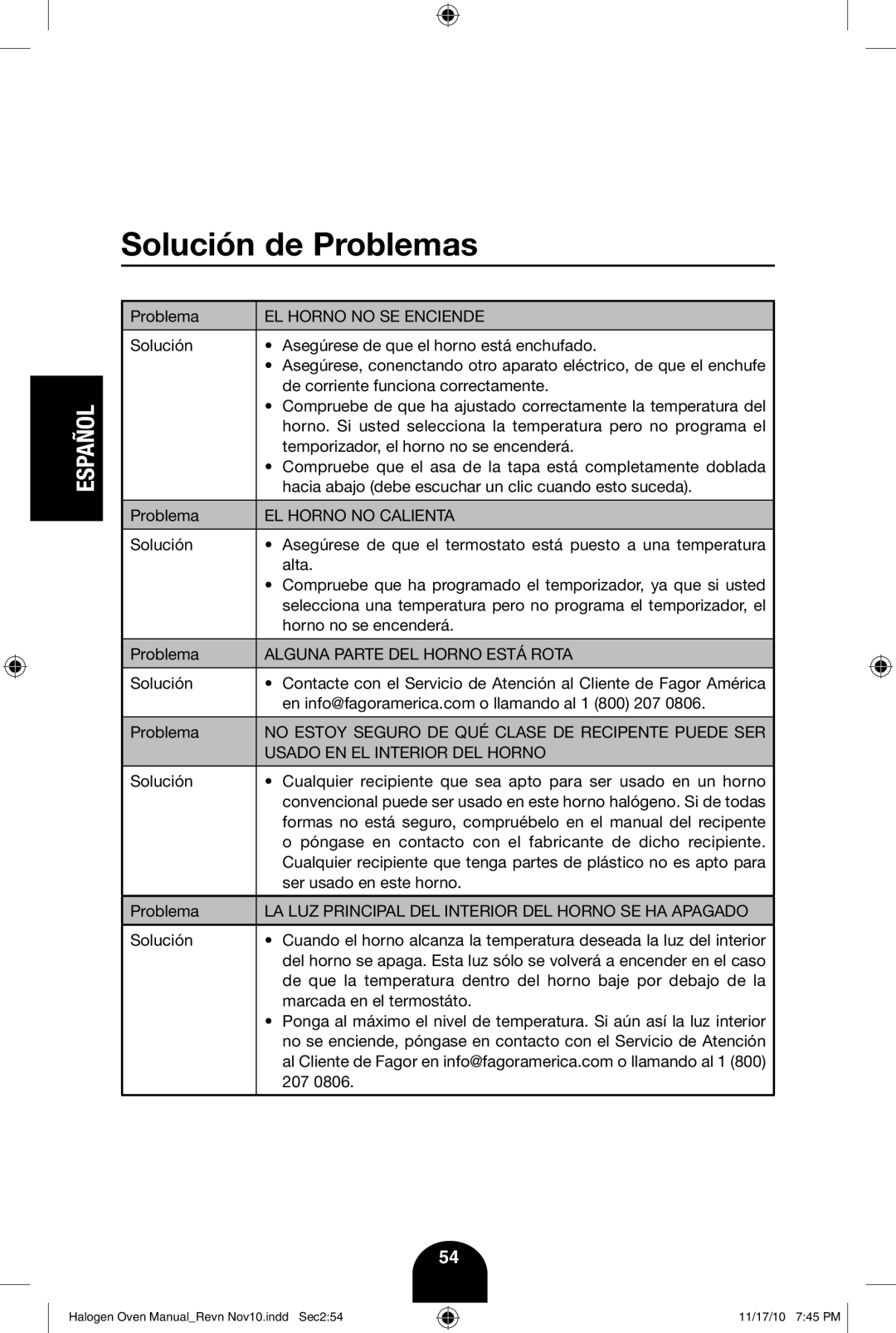 Fagor America 670040380 user manual Solución de Problemas, EL Horno no SE Enciende 