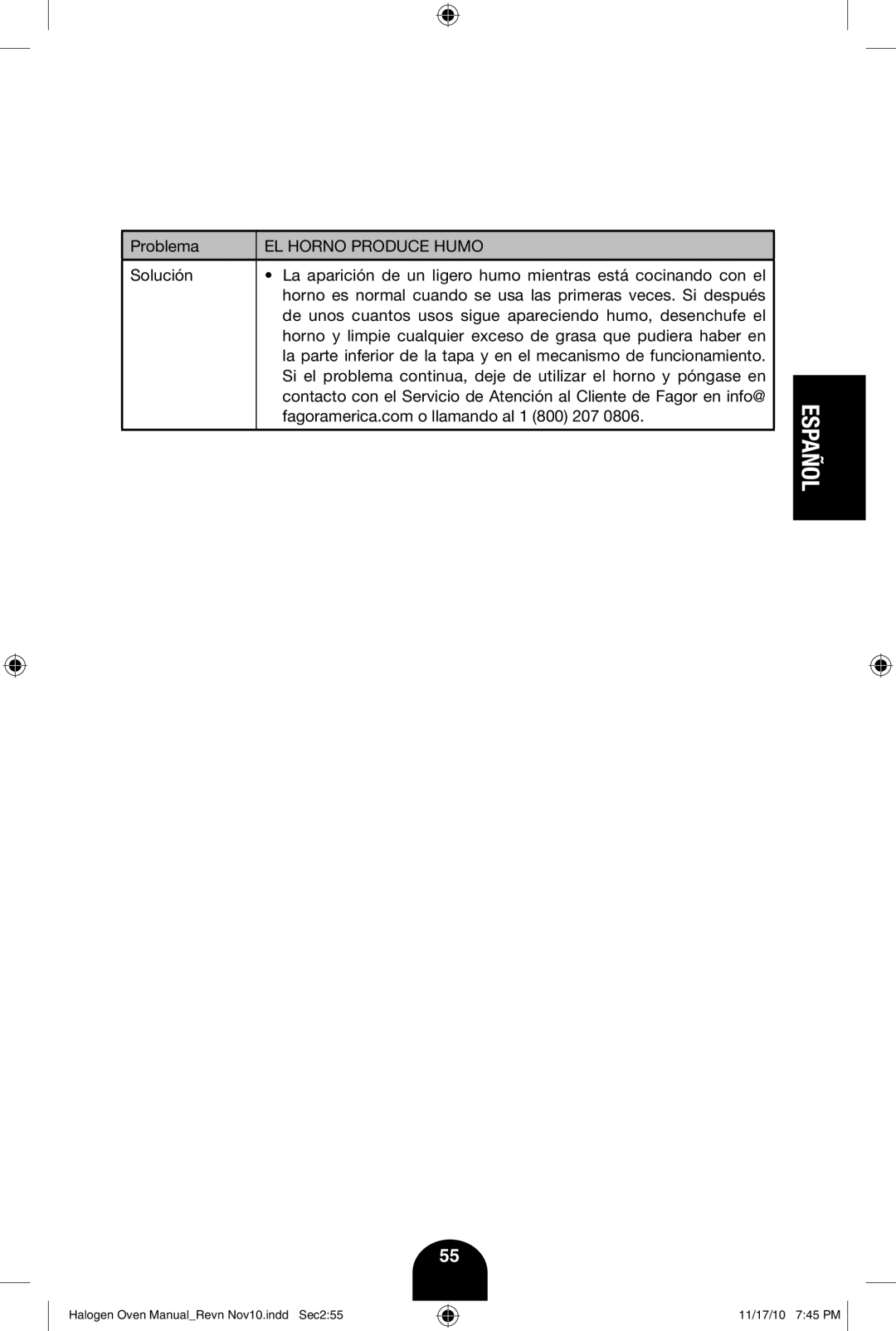 Fagor America 670040380 user manual EL Horno Produce Humo 