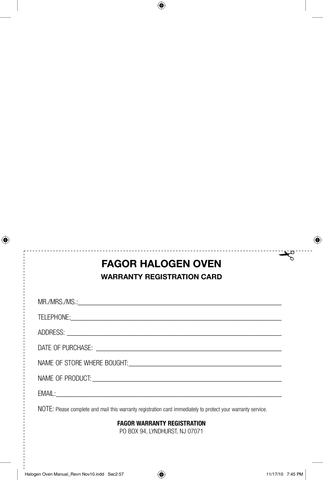 Fagor America 670040380 user manual Fagor Halogen Oven, Warranty Registration Card 