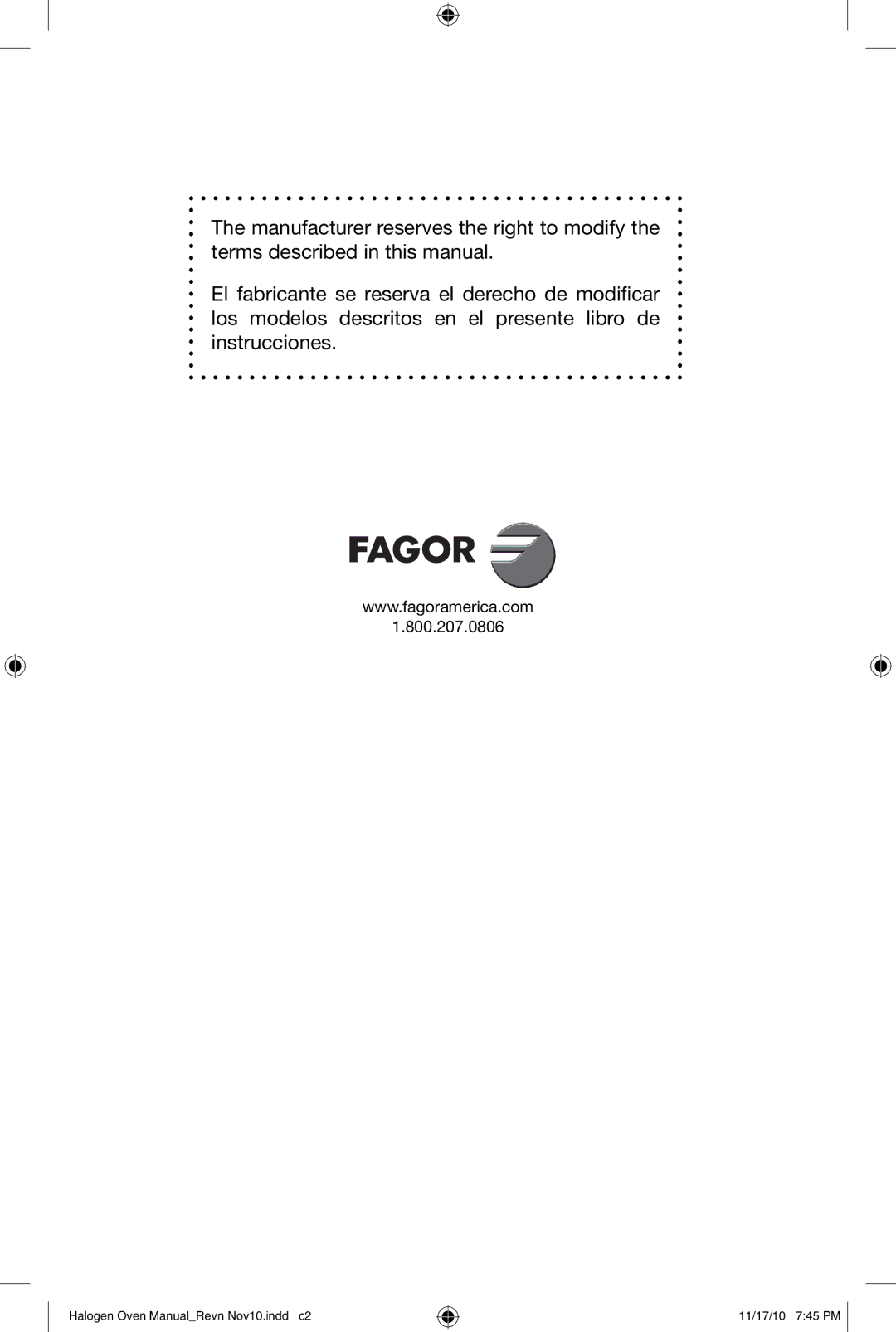 Fagor America 670040380 user manual 800.207.0806 