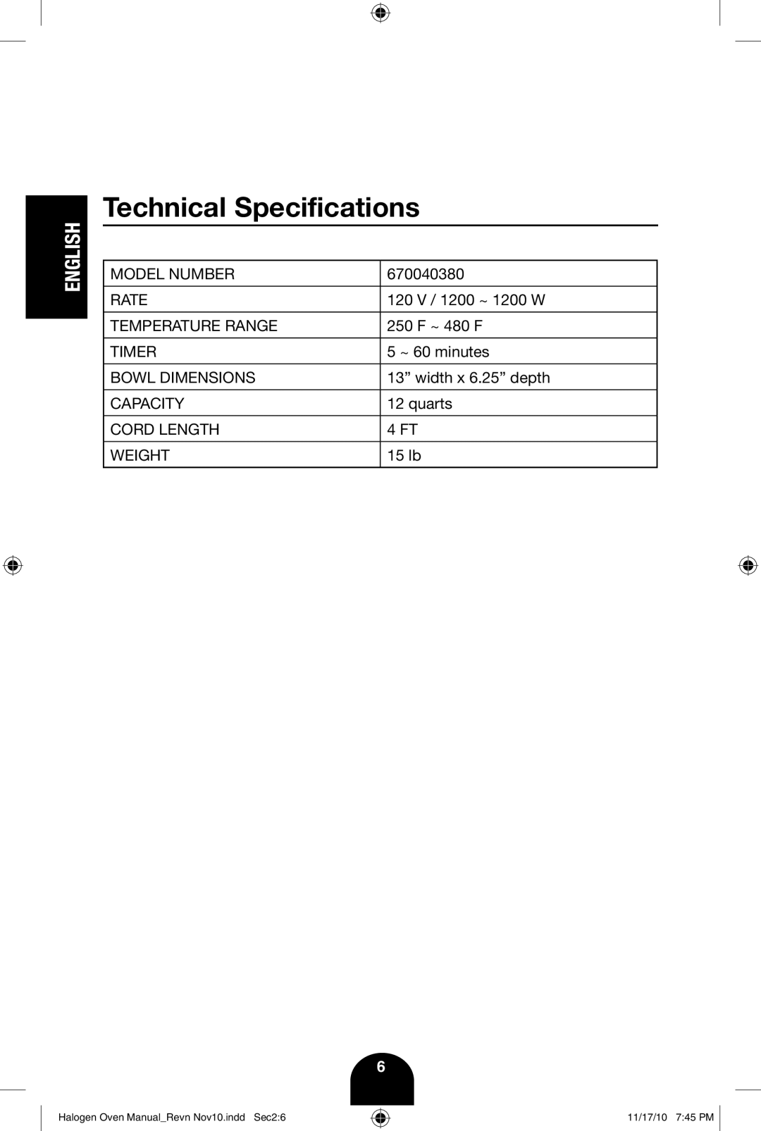 Fagor America 670040380 user manual Technical Specifications 