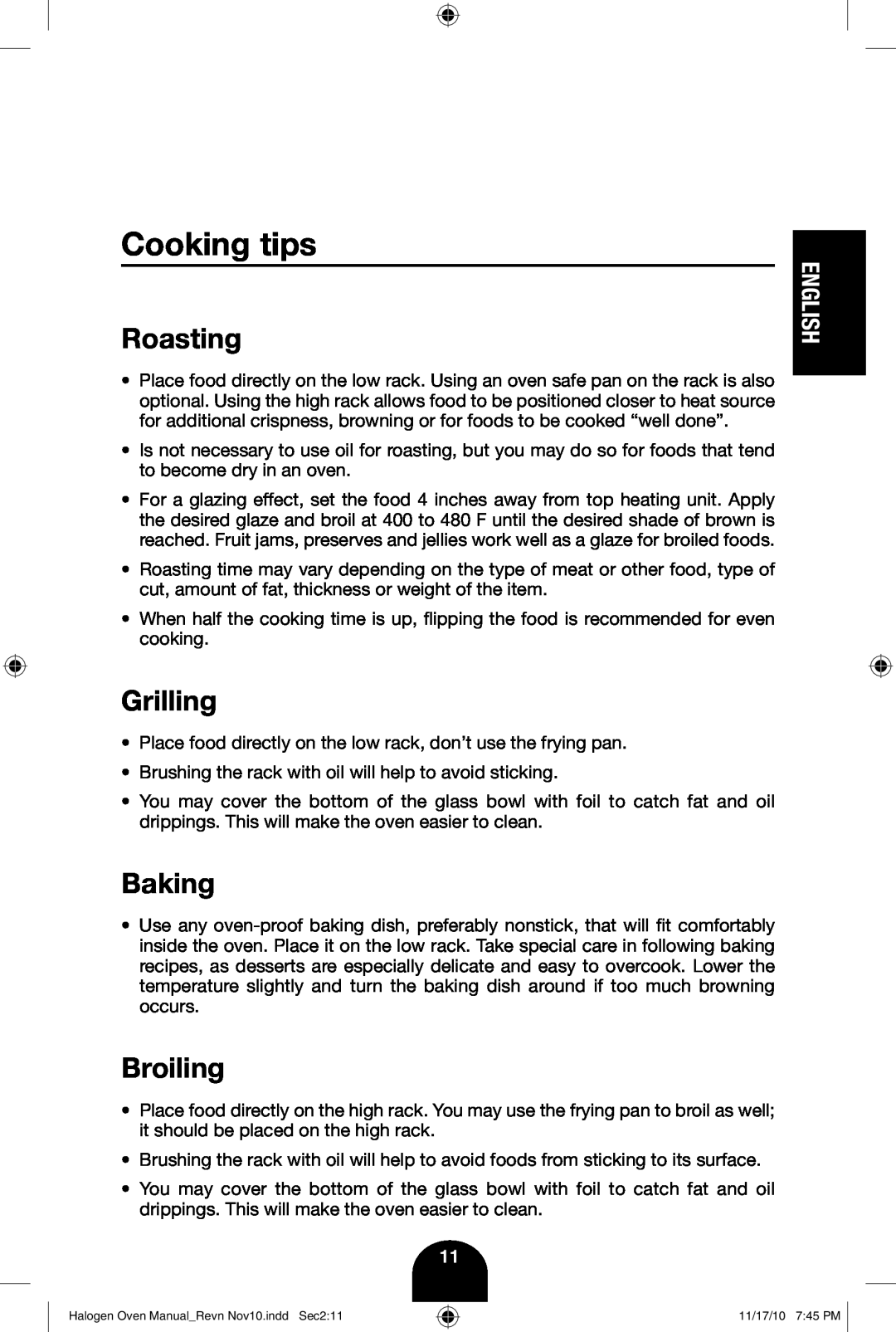 Fagor America 670040380 user manual Cooking tips, Roasting, Grilling, Baking, Broiling, English 