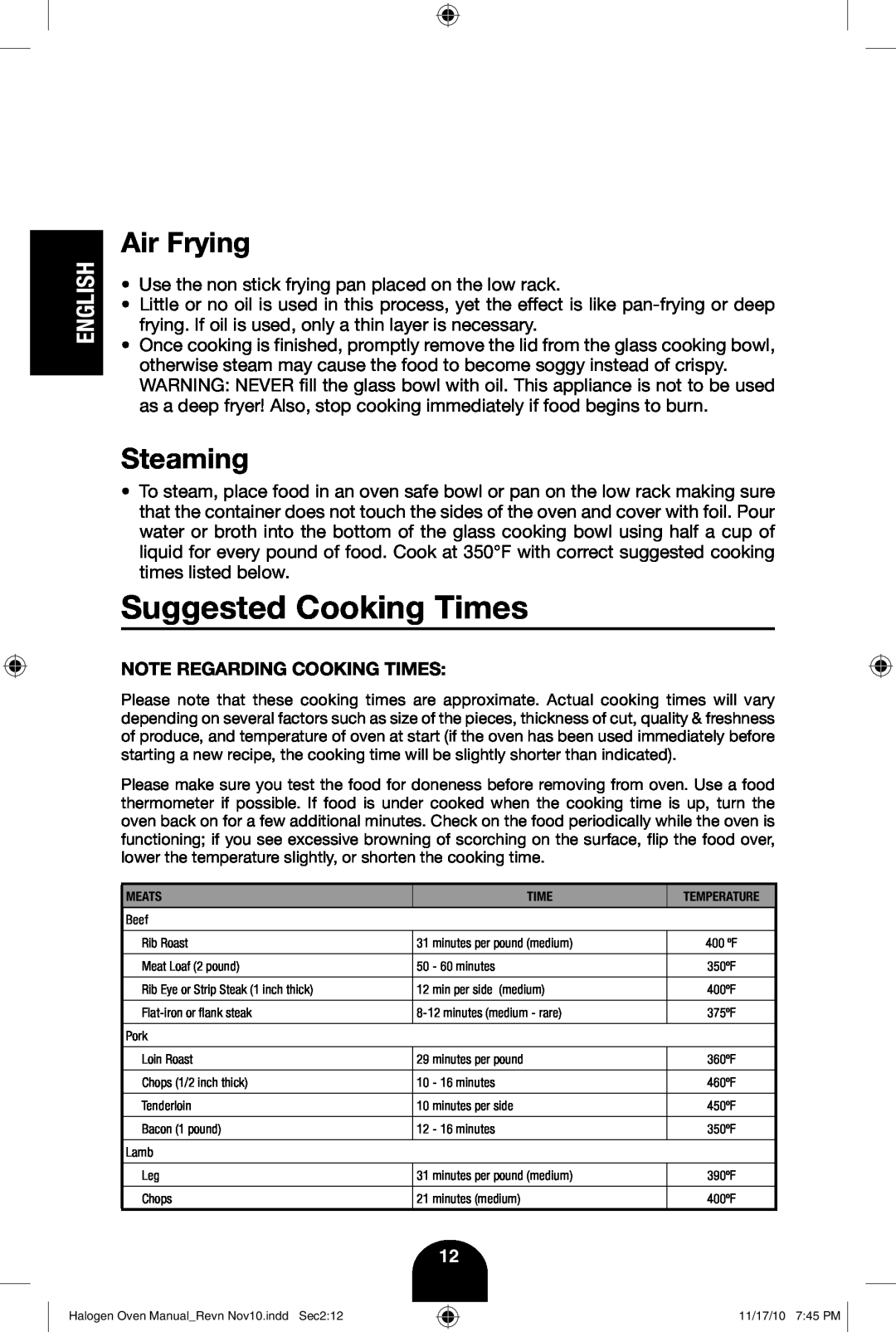 Fagor America 670040380 user manual Suggested Cooking Times, Air Frying, Steaming, English 