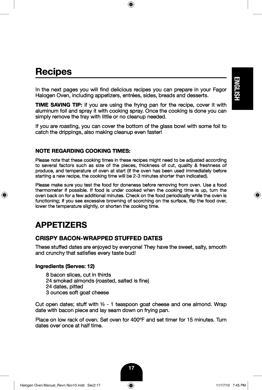 Fagor America 670040380 user manual Recipes, Appetizers, Crispy Bacon-Wrapped Stuffed Dates, English 