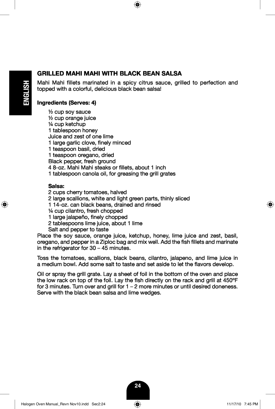 Fagor America 670040380 user manual Grilled Mahi Mahi With Black Bean Salsa, English 