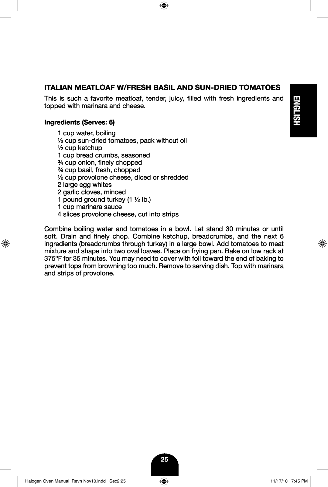 Fagor America 670040380 user manual Italian Meatloaf W/Fresh Basil And Sun-Dried Tomatoes, English 