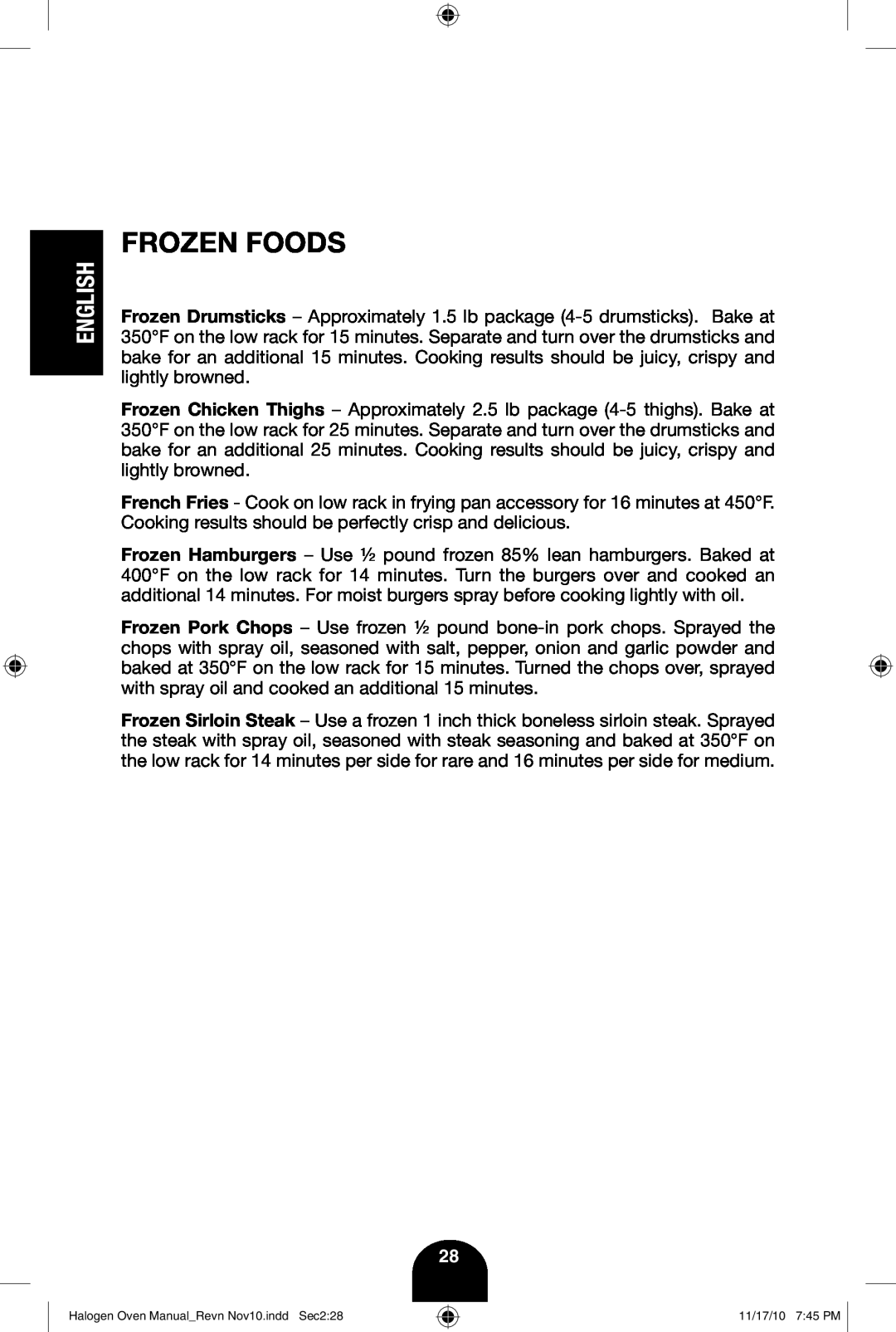 Fagor America 670040380 user manual Frozen Foods, English 