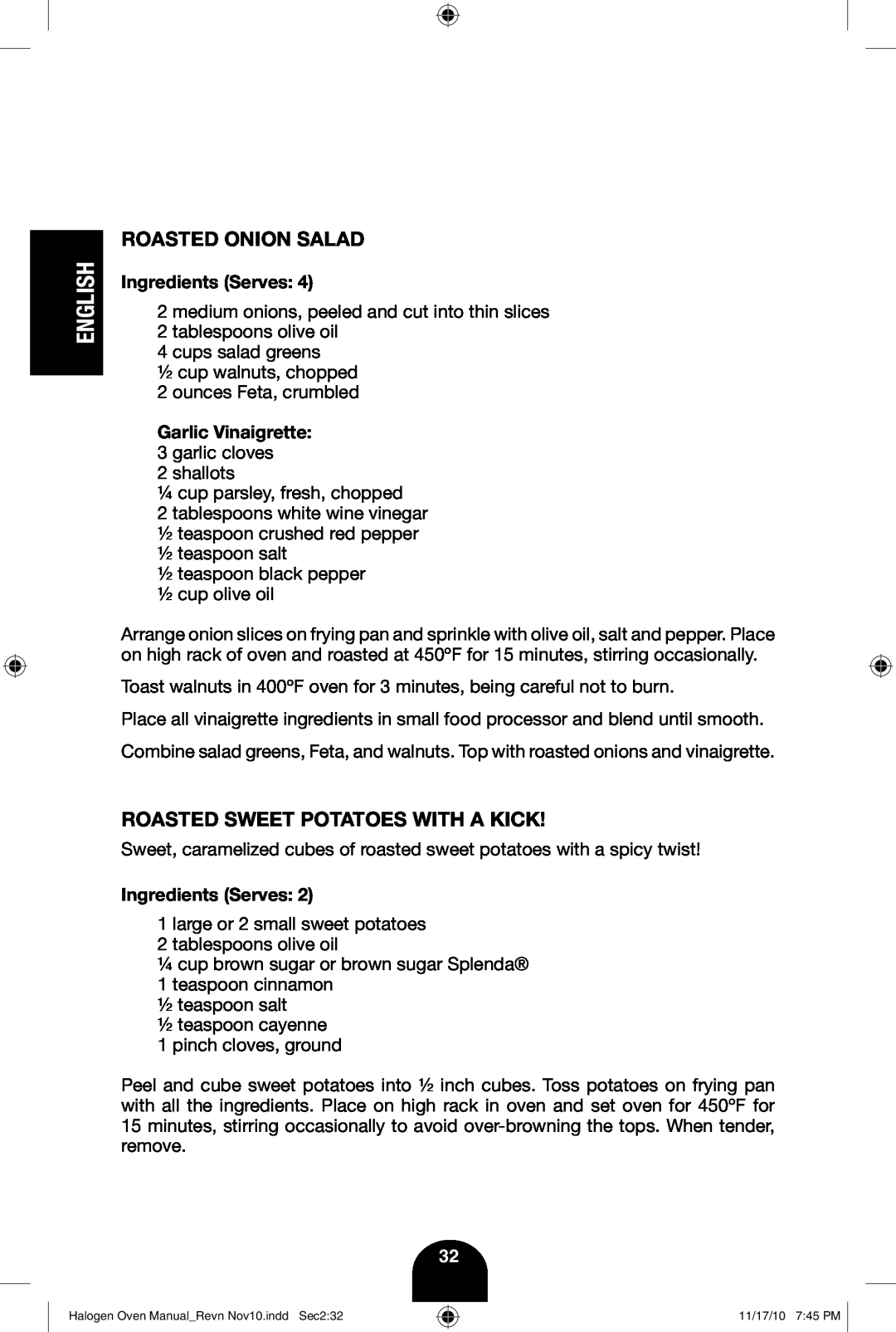 Fagor America 670040380 user manual Roasted Onion Salad, Roasted Sweet Potatoes With A Kick, English 