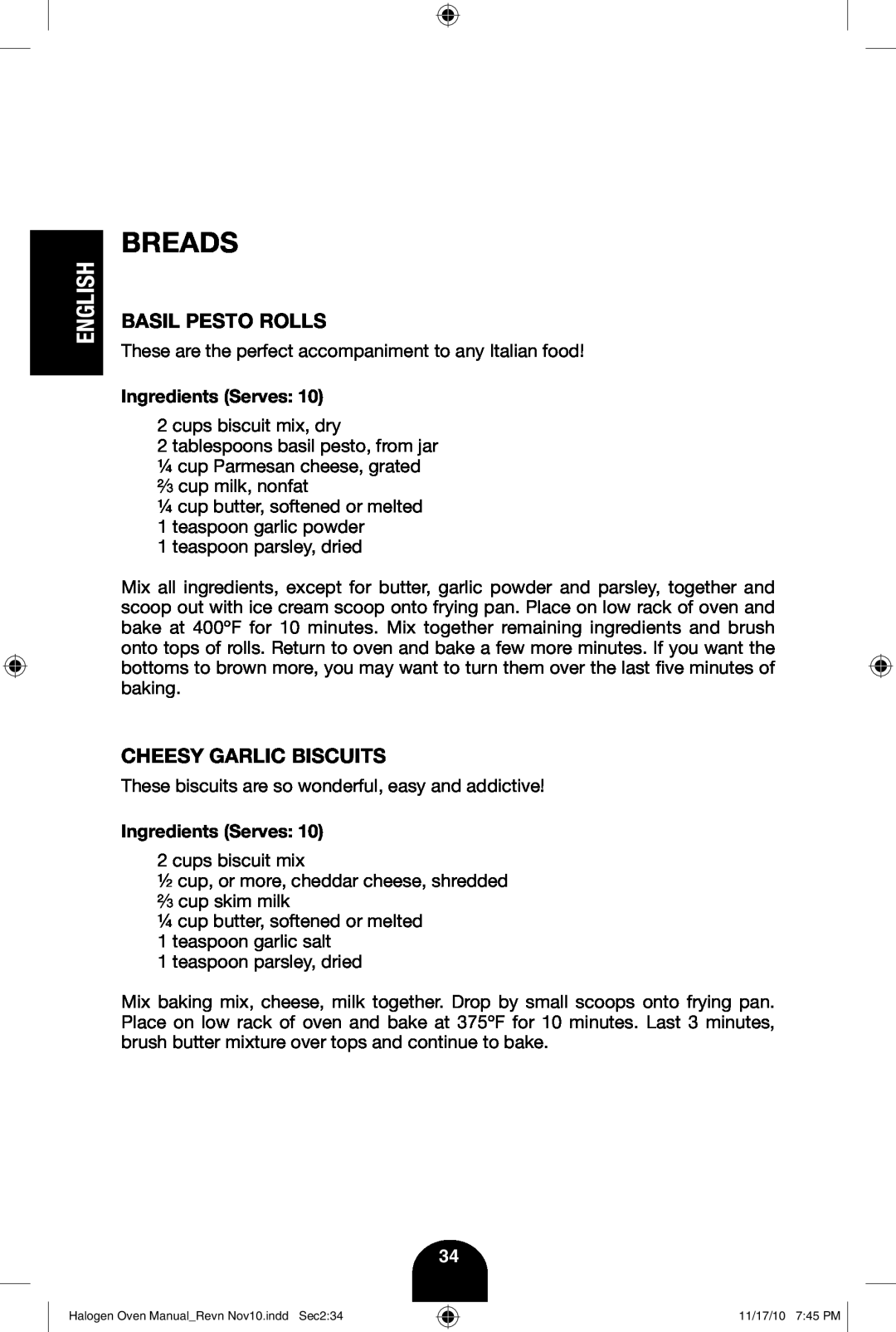 Fagor America 670040380 user manual Breads, Basil Pesto Rolls, Cheesy Garlic Biscuits, English 