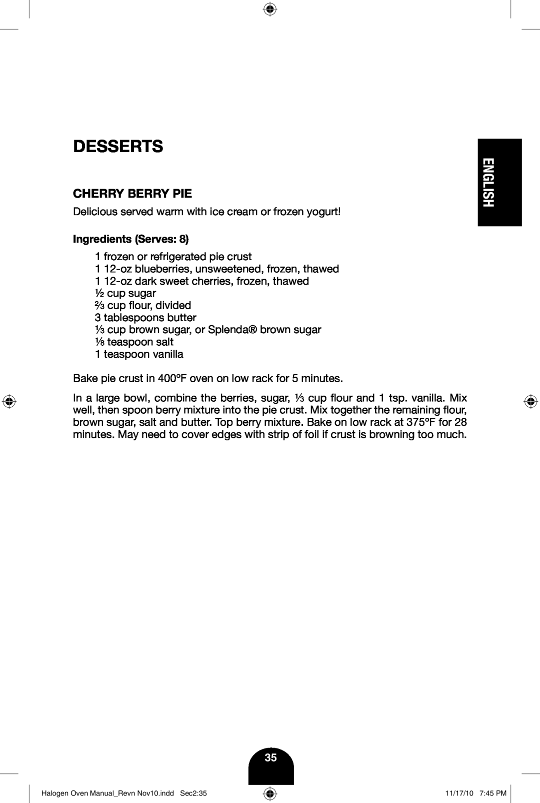 Fagor America 670040380 user manual Desserts, Cherry Berry Pie, English 