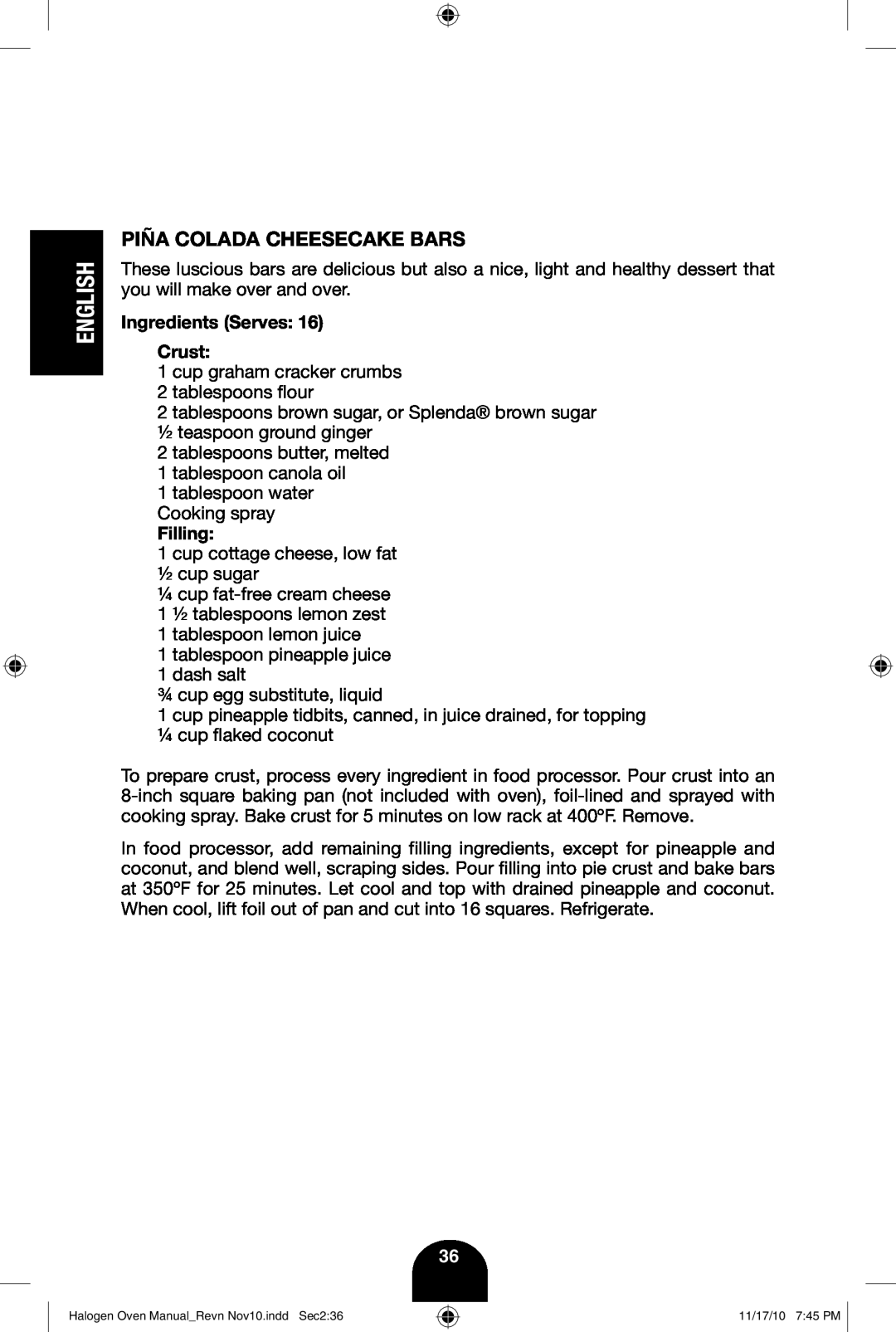 Fagor America 670040380 user manual Piña Colada Cheesecake Bars, English, Ingredients Serves Crust, Filling 