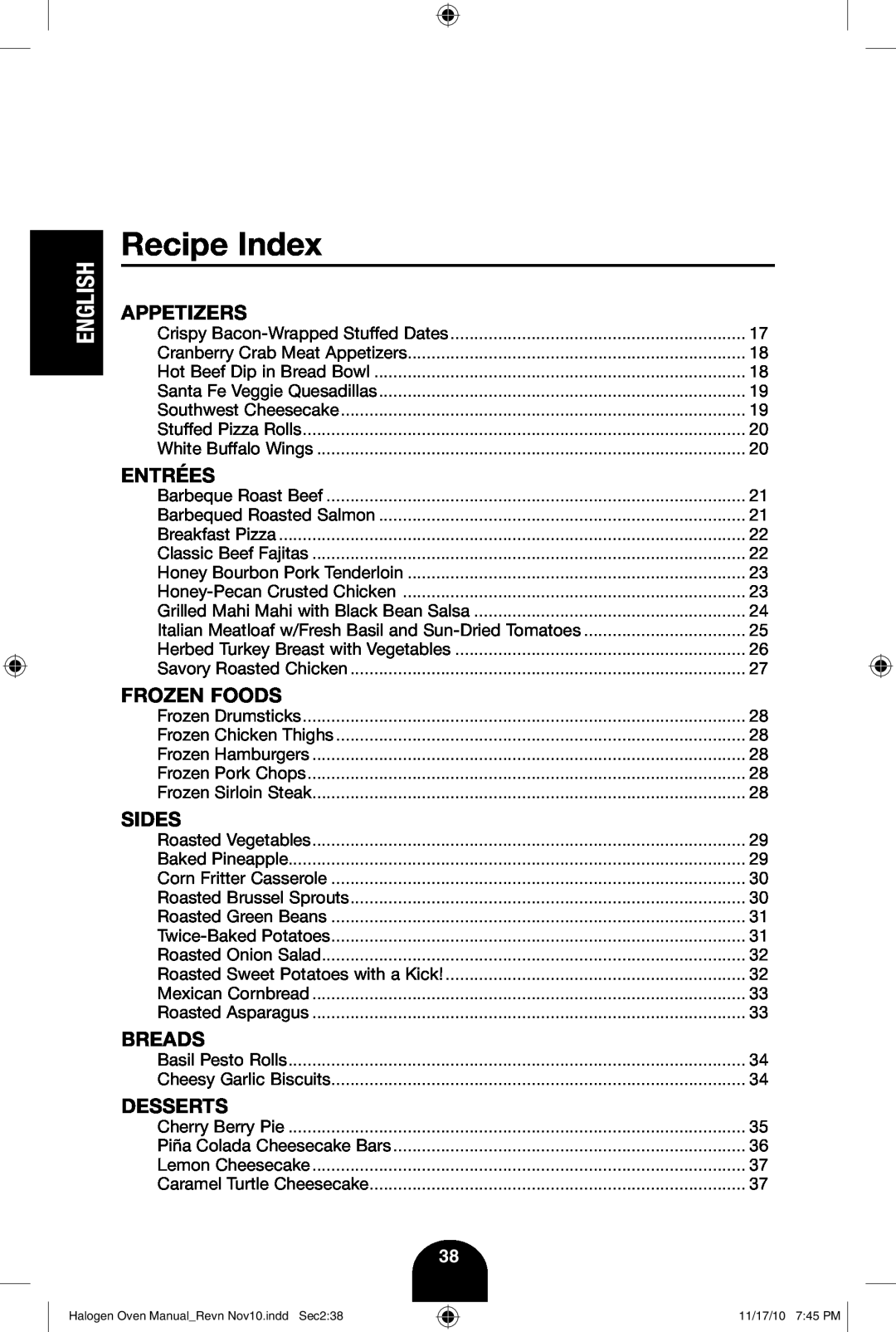 Fagor America 670040380 user manual Recipe Index, Appetizers, Entrées, Frozen Foods, Sides, Breads, Desserts, English 