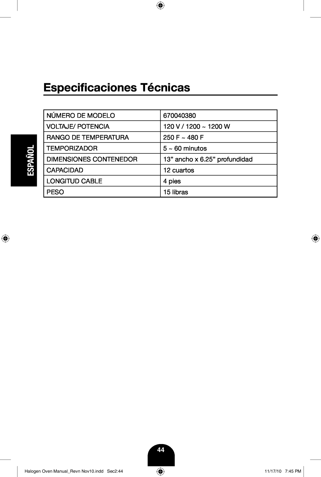 Fagor America 670040380 user manual Especificaciones Técnicas, Español 