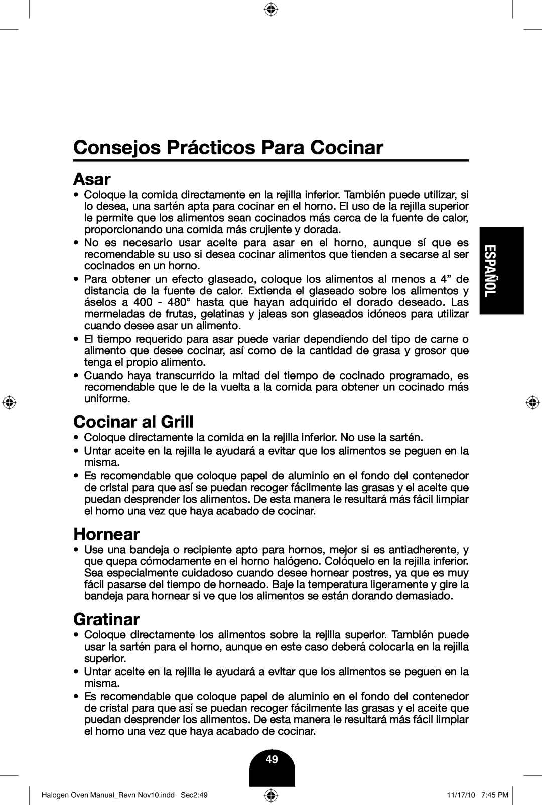 Fagor America 670040380 user manual Consejos Prácticos Para Cocinar, Asar, Cocinar al Grill, Hornear, Gratinar, Español 