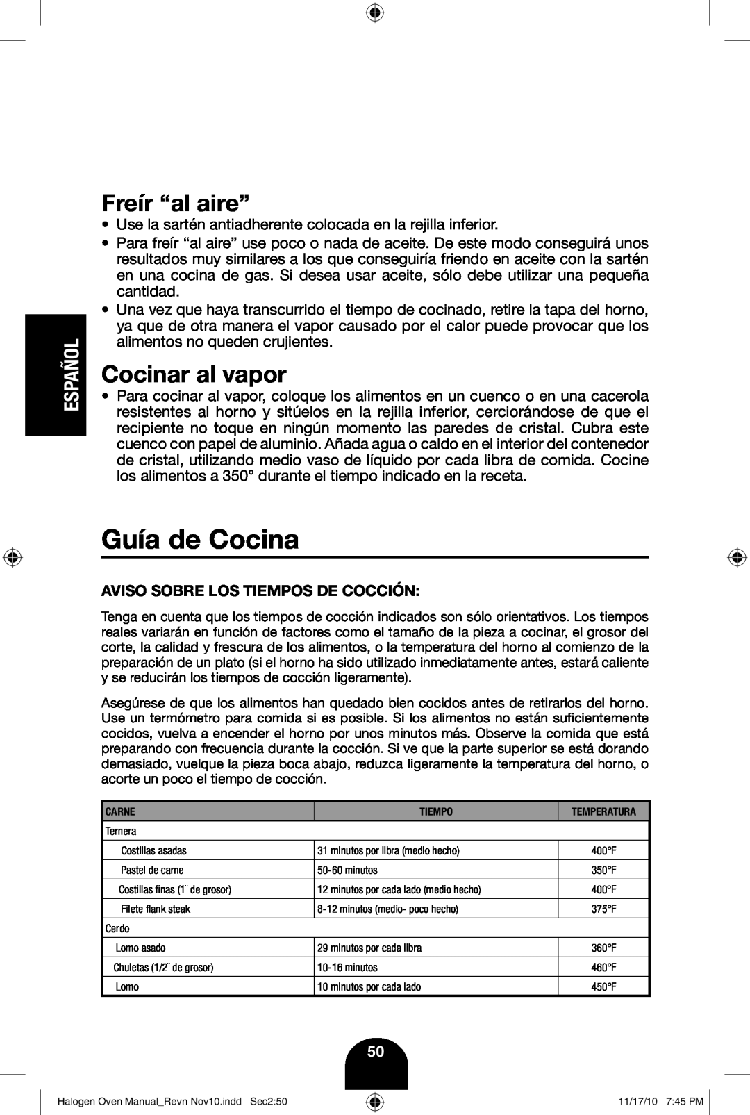 Fagor America 670040380 user manual Guía de Cocina, Freír “al aire”, Cocinar al vapor, Español 