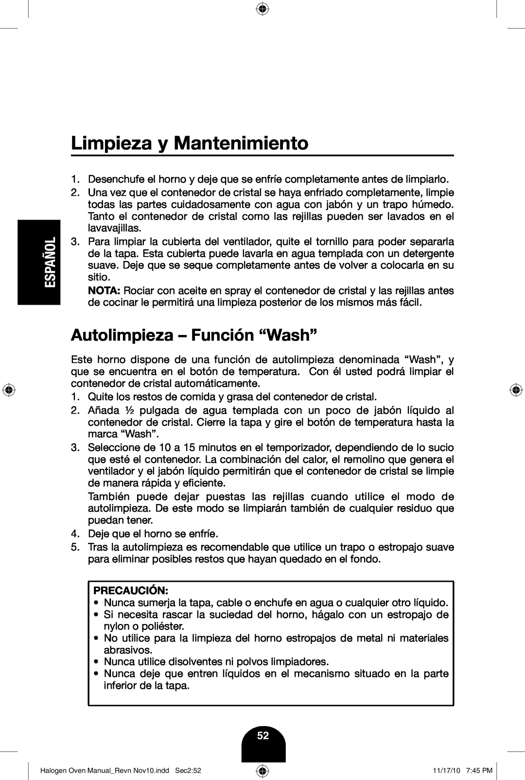 Fagor America 670040380 user manual Limpieza y Mantenimiento, Autolimpieza - Función “Wash”, Español 