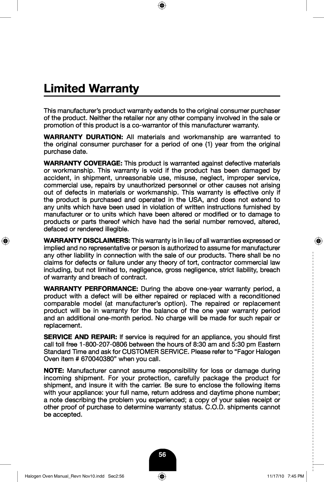 Fagor America 670040380 user manual Limited Warranty 