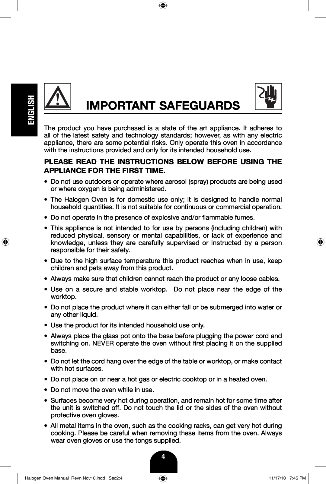 Fagor America 670040380 user manual Important Safeguards, English 