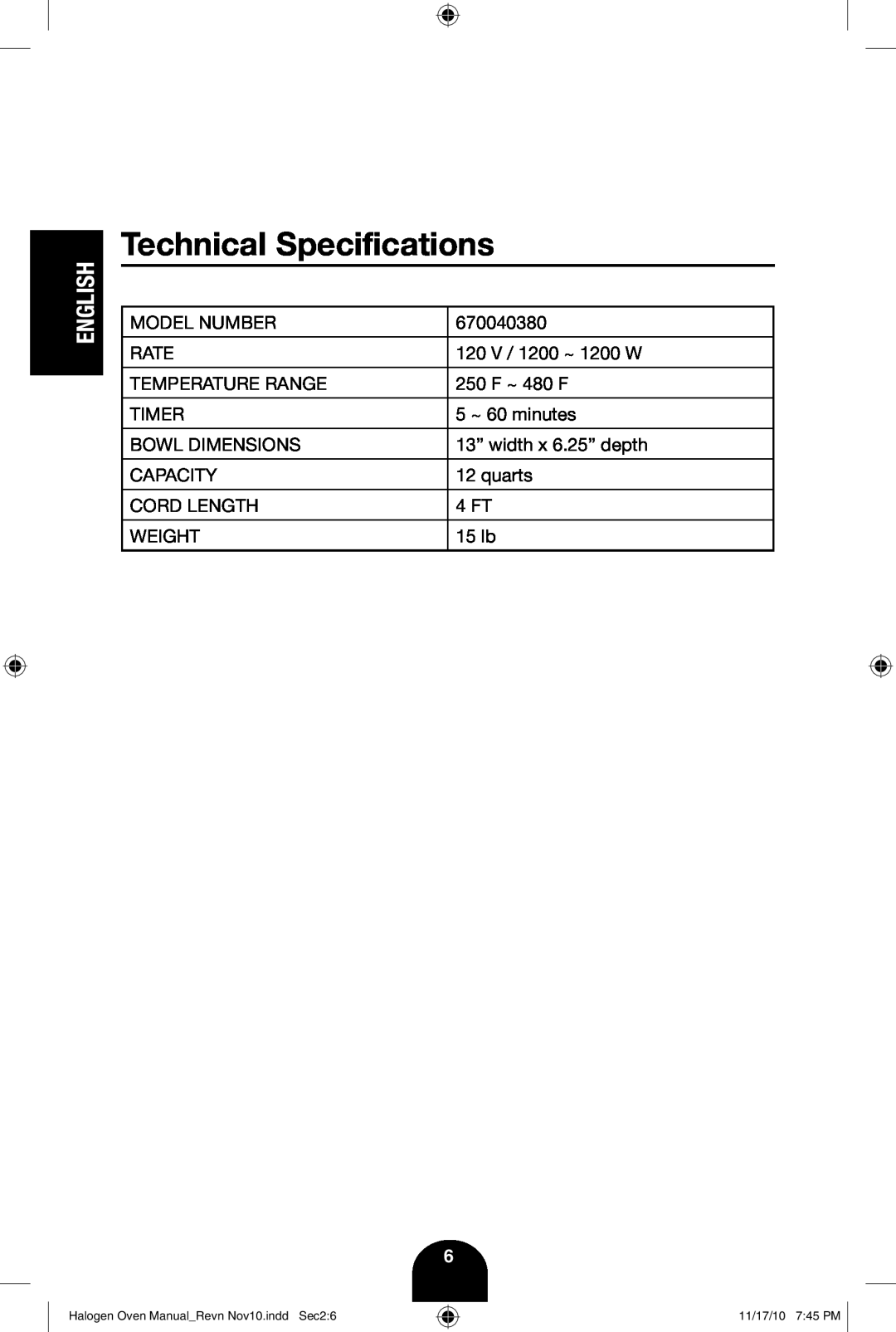 Fagor America 670040380 user manual Technical Specifications 
