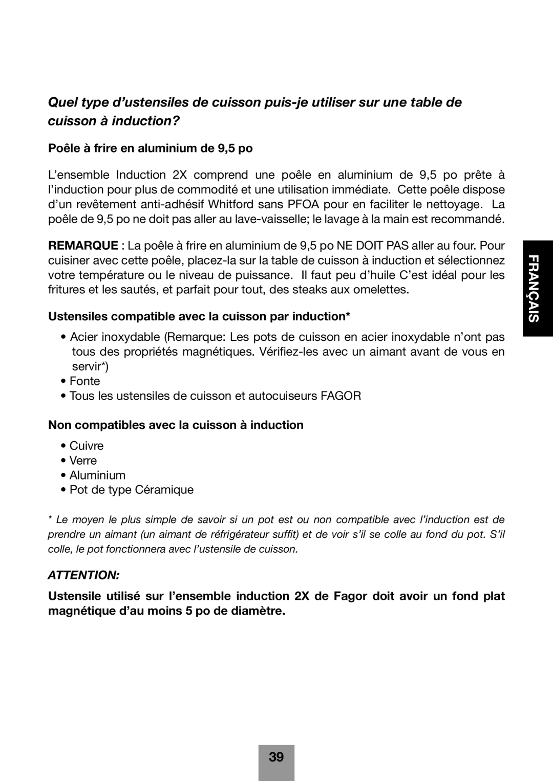 Fagor America 670041860 user manual Poêle à frire en aluminium de 9,5 po 