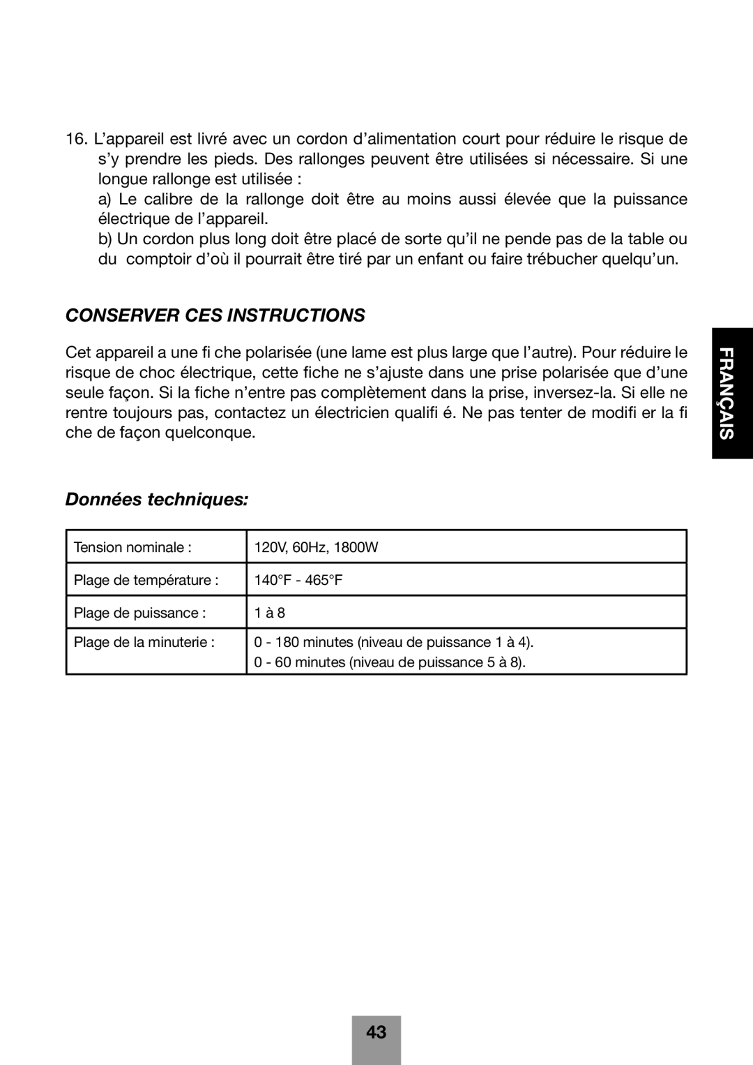 Fagor America 670041860 user manual Conserver CES Instructions, Données techniques 