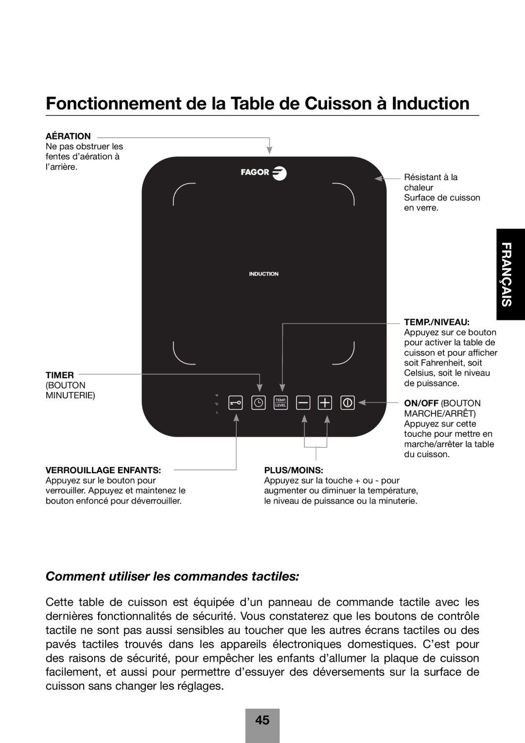 Fagor America 670041860 Fonctionnement de la Table de Cuisson à Induction, Comment utiliser les commandes tactiles 