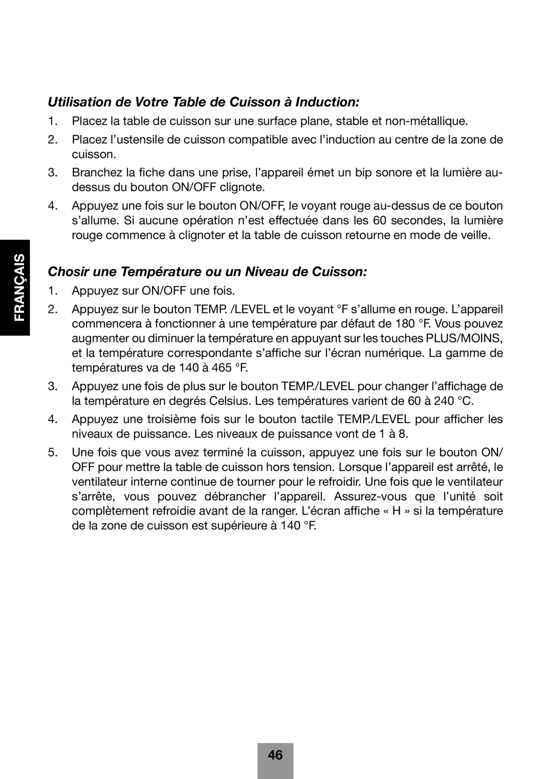 Fagor America 670041860 Utilisation de Votre Table de Cuisson à Induction, Chosir une Température ou un Niveau de Cuisson 