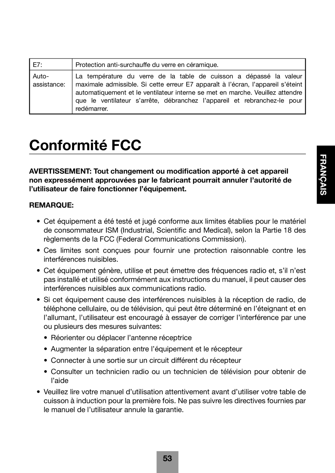 Fagor America 670041860 user manual Conformité FCC, Remarque 