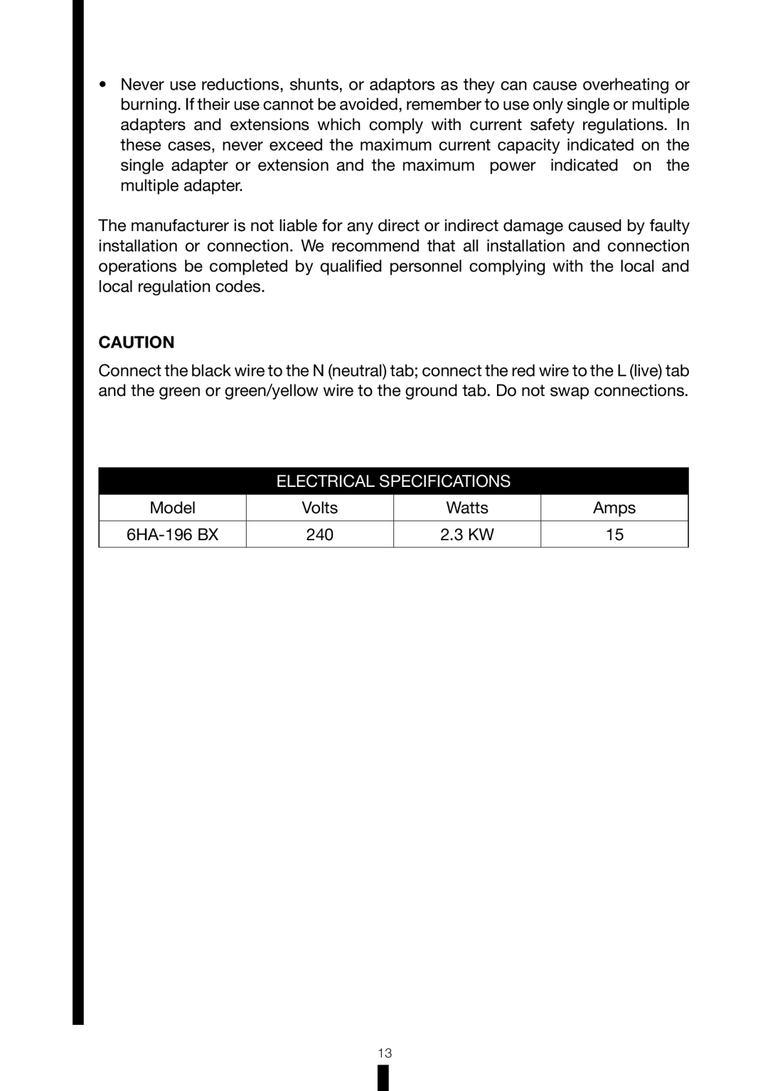 Fagor America 6HA-196BX manual Electrical Specifications 