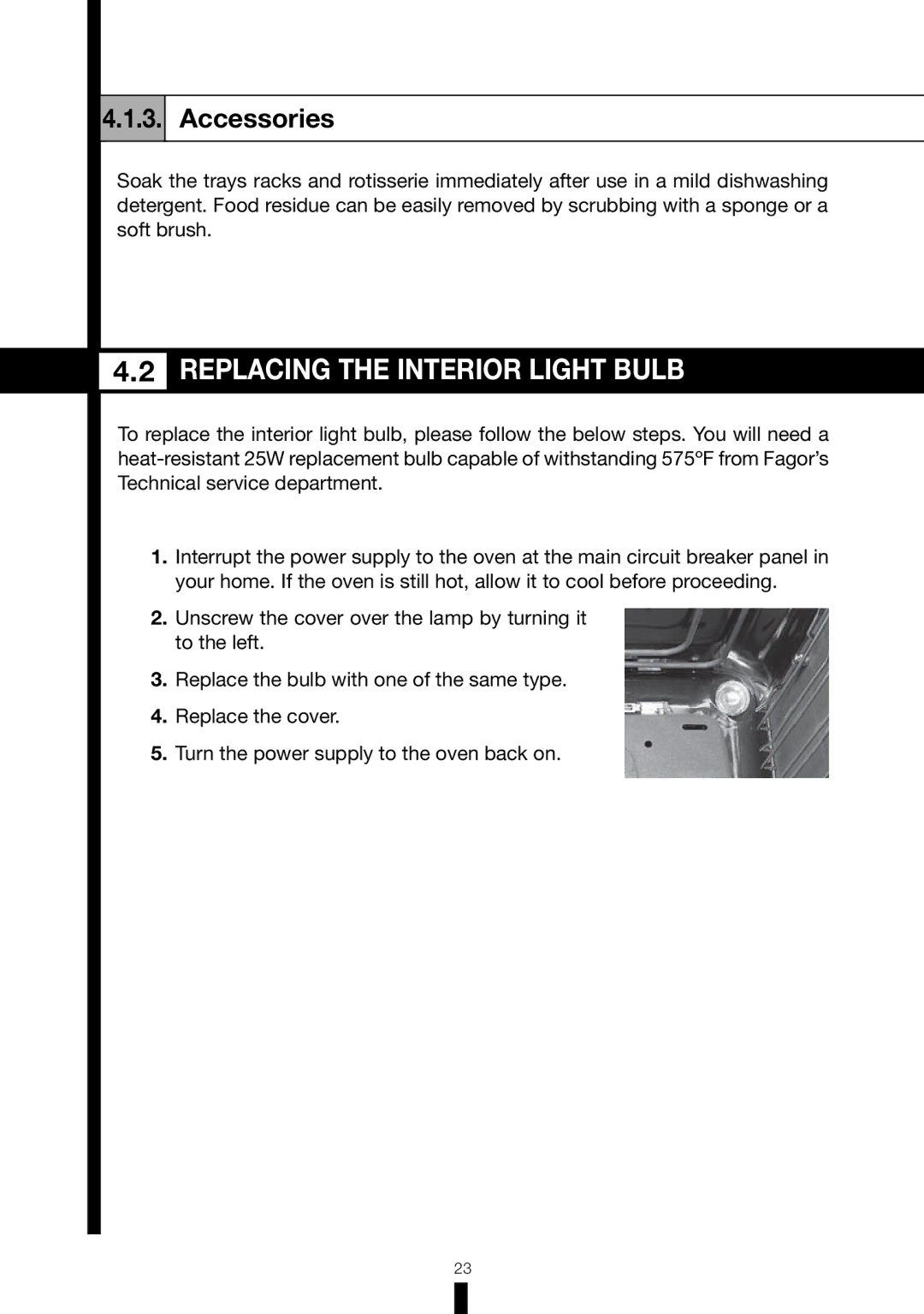 Fagor America 6HA-196BX manual Replacing the Interior Light Bulb, Accessories 