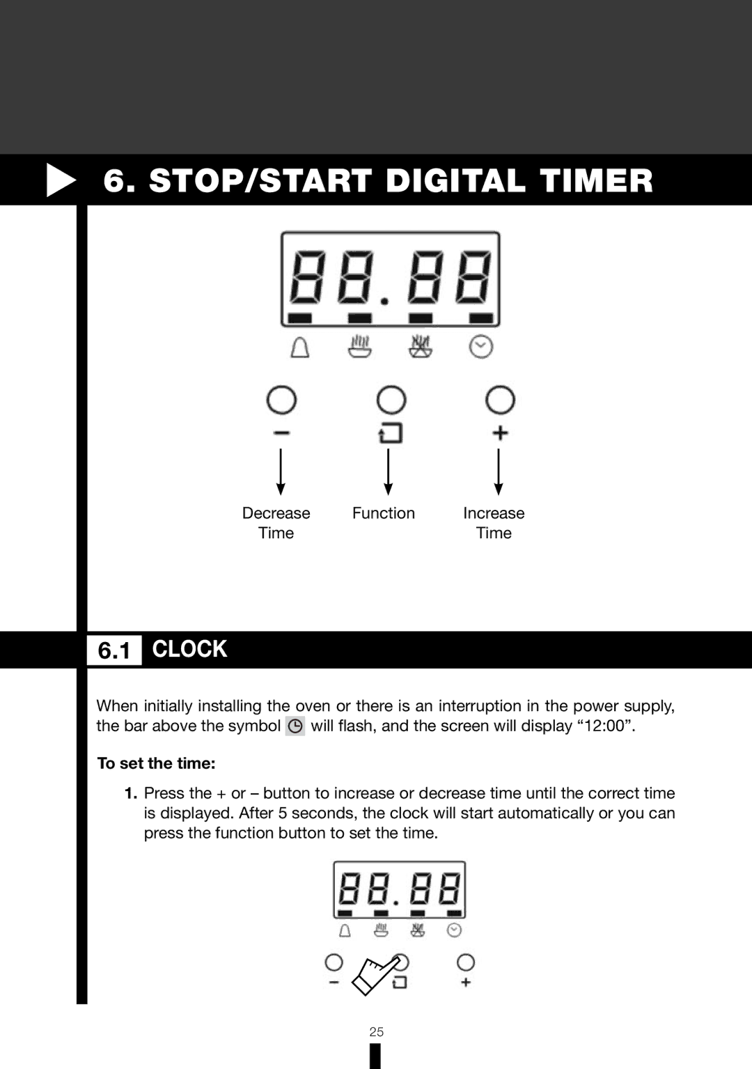 Fagor America 6HA-196BX manual STOP/START Digital Timer, Clock, To set the time 