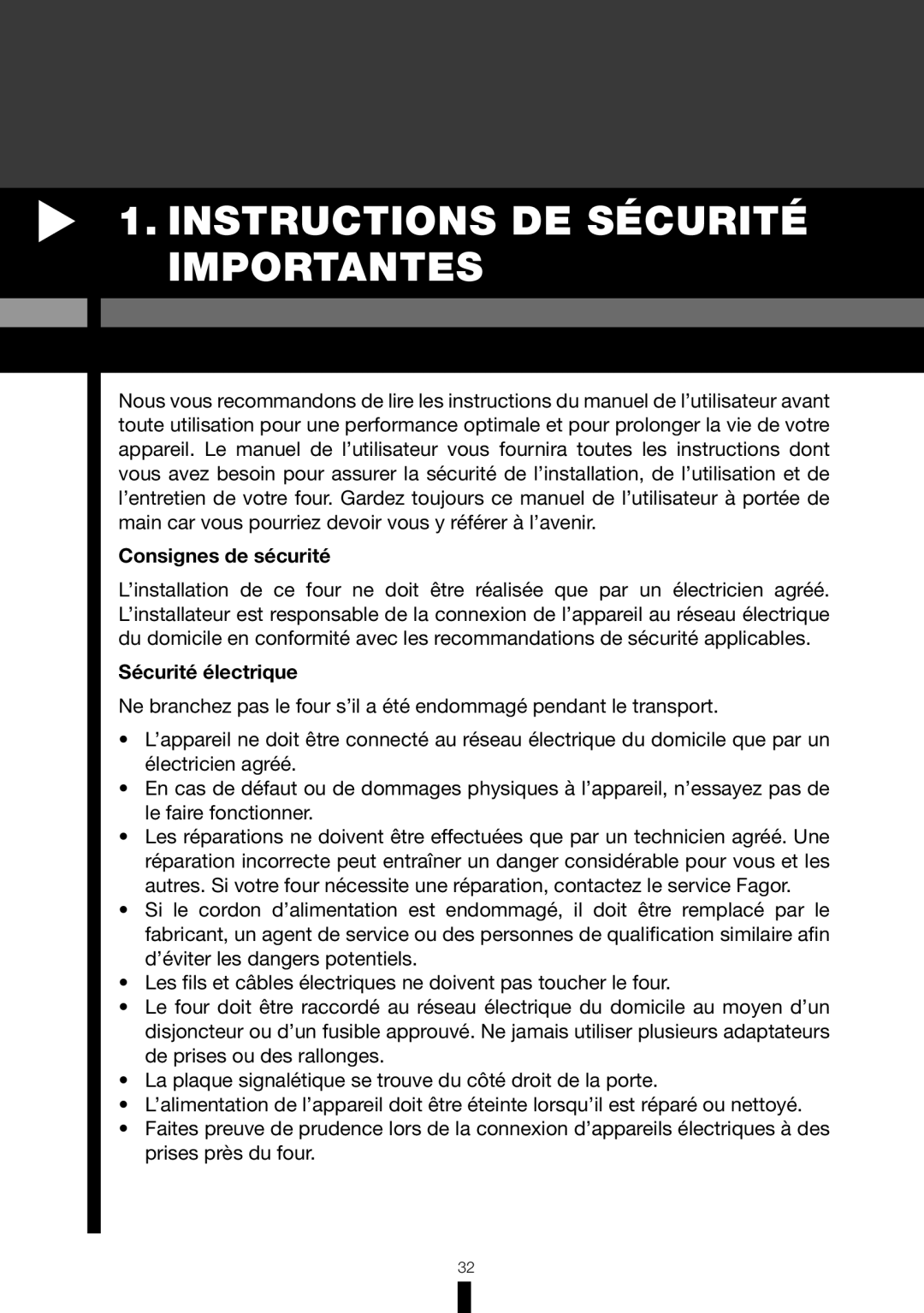 Fagor America 6HA-196BX manual Instructions DE Sécurité Importantes, Consignes de sécurité, Sécurité électrique 