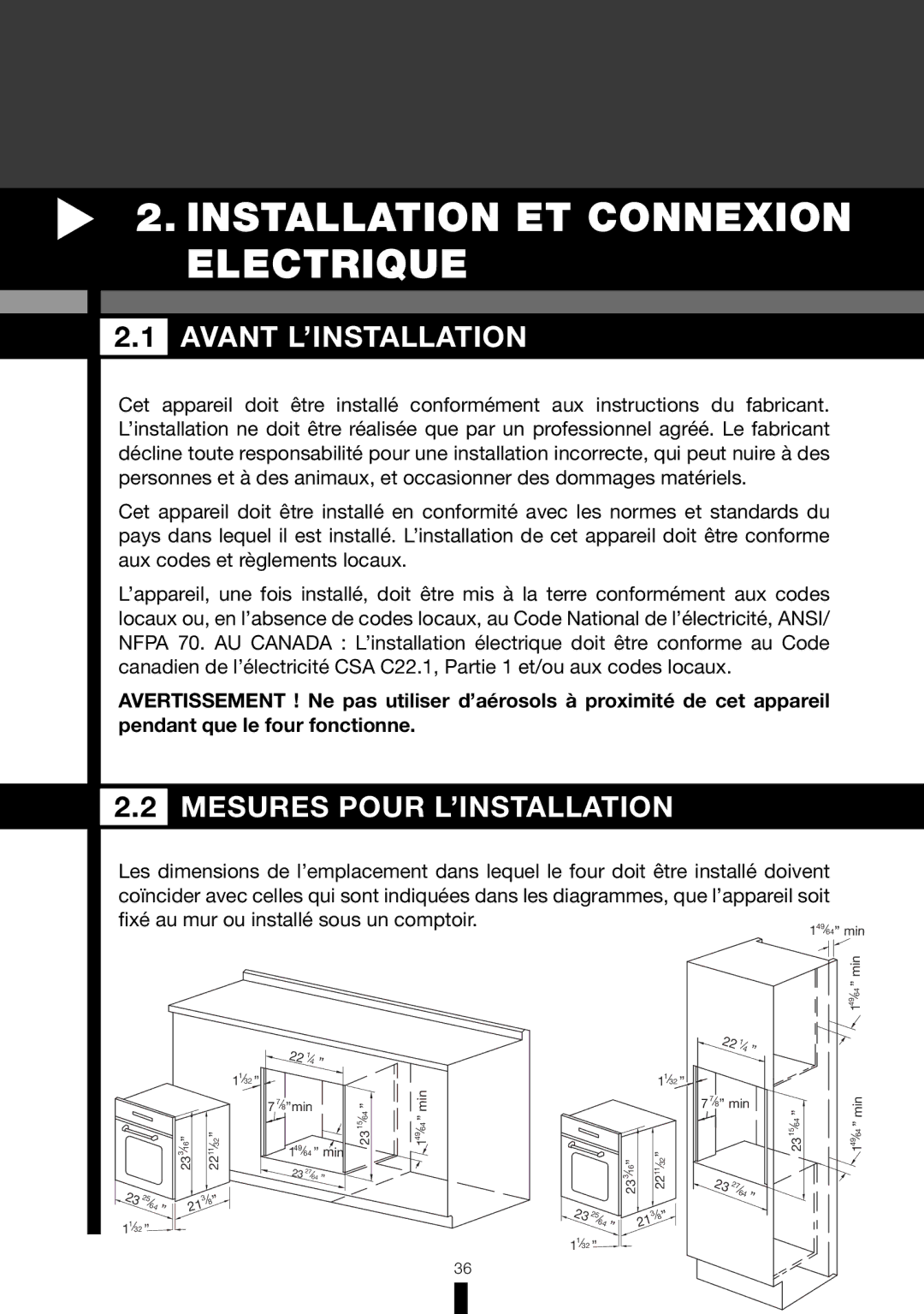 Fagor America 6HA-196BX manual Installation ET Connexion Electrique, Avant L’INSTALLATION, Mesures Pour L’INSTALLATION 