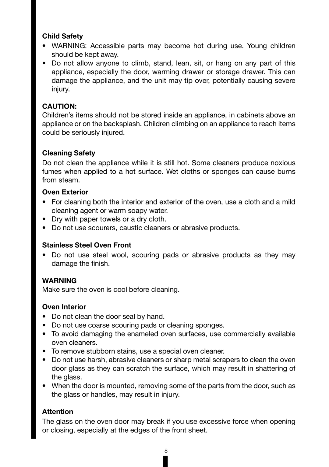 Fagor America 6HA-196BX manual Child Safety, Cleaning Safety, Oven Exterior, Stainless Steel Oven Front, Oven Interior 