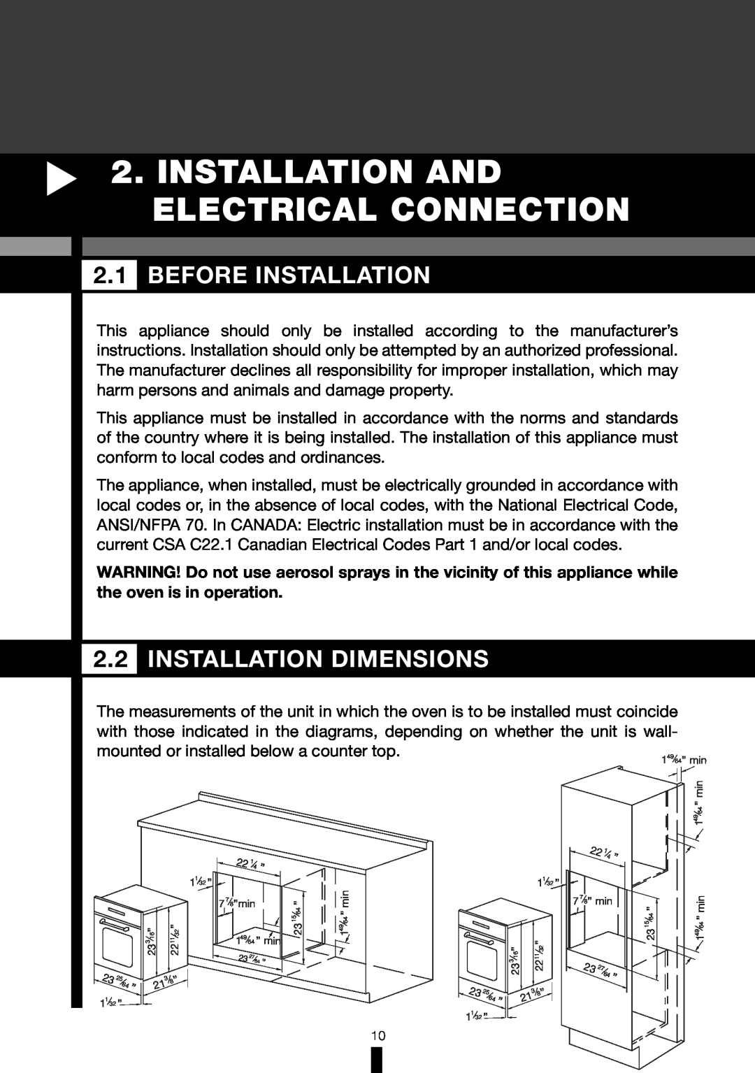Fagor America 6HA-196BX manual Installation And Electrical Connection, Before Installation, Installation Dimensions 