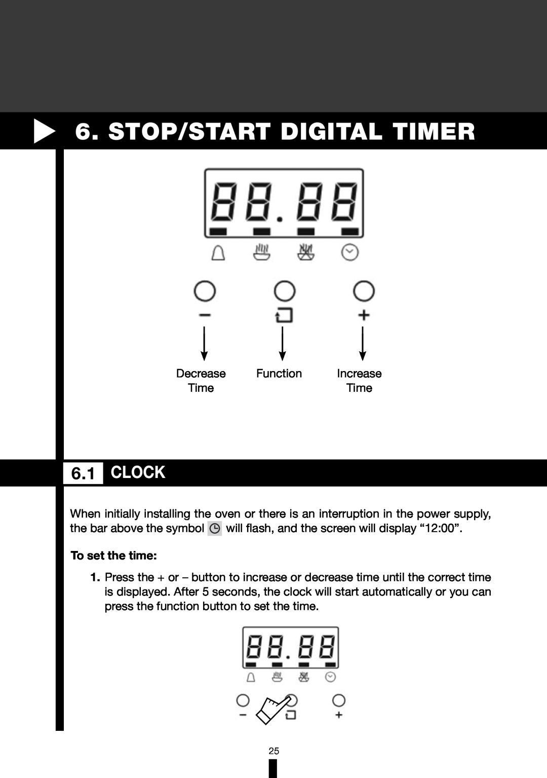 Fagor America 6HA-196BX manual Stop/Start Digital Timer, Clock, To set the time 