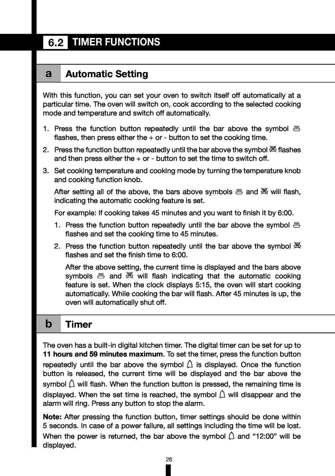 Fagor America 6HA-196BX manual Timer Functions, a Automatic Setting, b Timer 