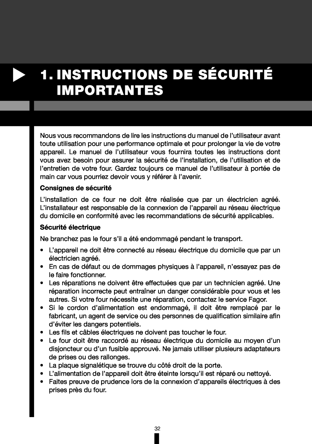 Fagor America 6HA-196BX manual Instructions De Sécurité Importantes, Consignes de sécurité, Sécurité électrique 