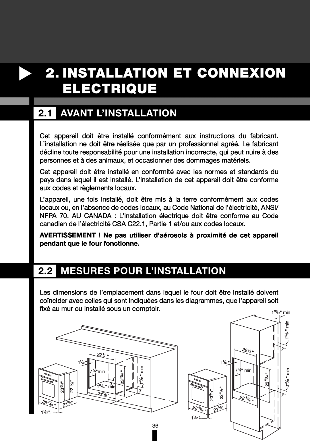 Fagor America 6HA-196BX manual Installation Et Connexion Electrique, Avant L’Installation, Mesures Pour L’Installation 