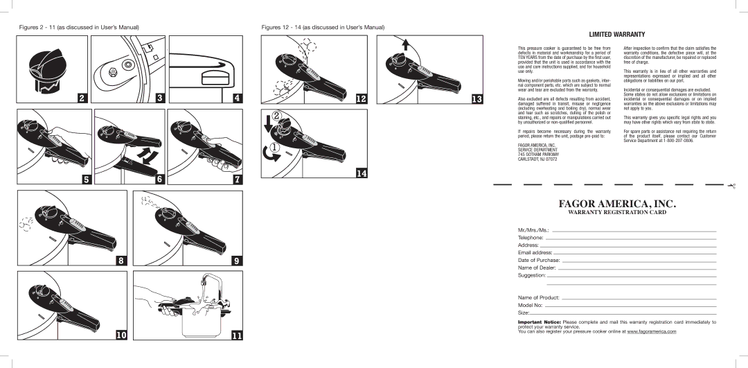 Fagor America 85M7 brochure Fagor AMERICA, INC, Limited Warranty, Warranty Registration Card 