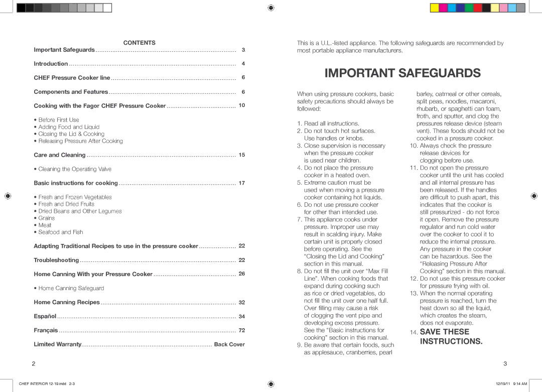 Fagor America 918010053, 918010052, 918010051 user manual Important Safeguards, Contents 