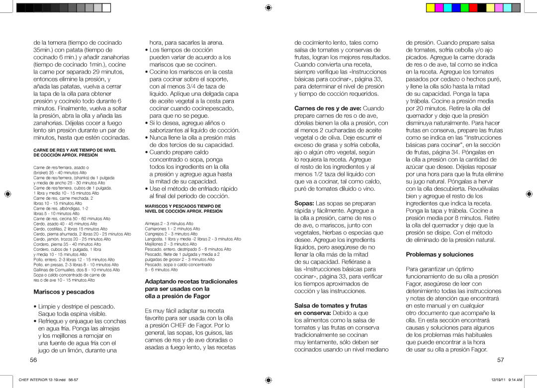 Fagor America 918010053, 918010052, 918010051 user manual Carne DE RES Y AVE Tiempo DE Nivel DE Cocción APROX. Presión 