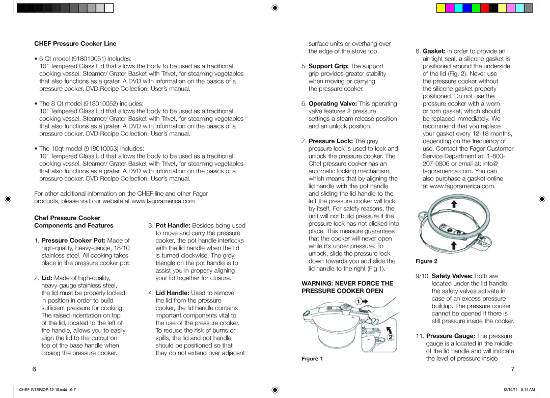 Fagor America 918010051, 918010052, 918010053 user manual Chef Pressure Cooker Line, Pressure Lock The grey 