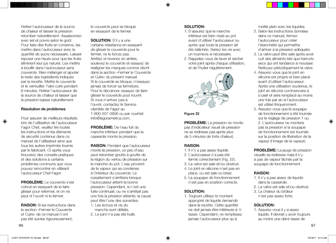 Fagor America 918010051, 918010052, 918010053 user manual Résolution de problèmes, Raison 