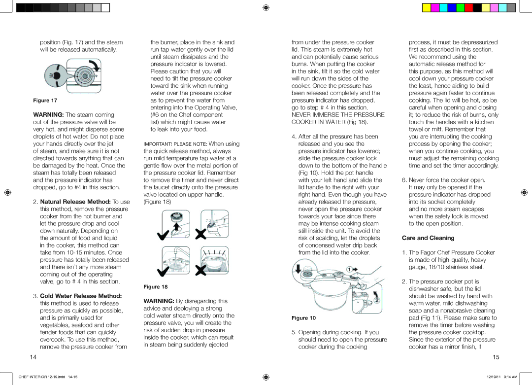 Fagor America 918010053, 918010052, 918010051 user manual Never Immerse the Pressure 