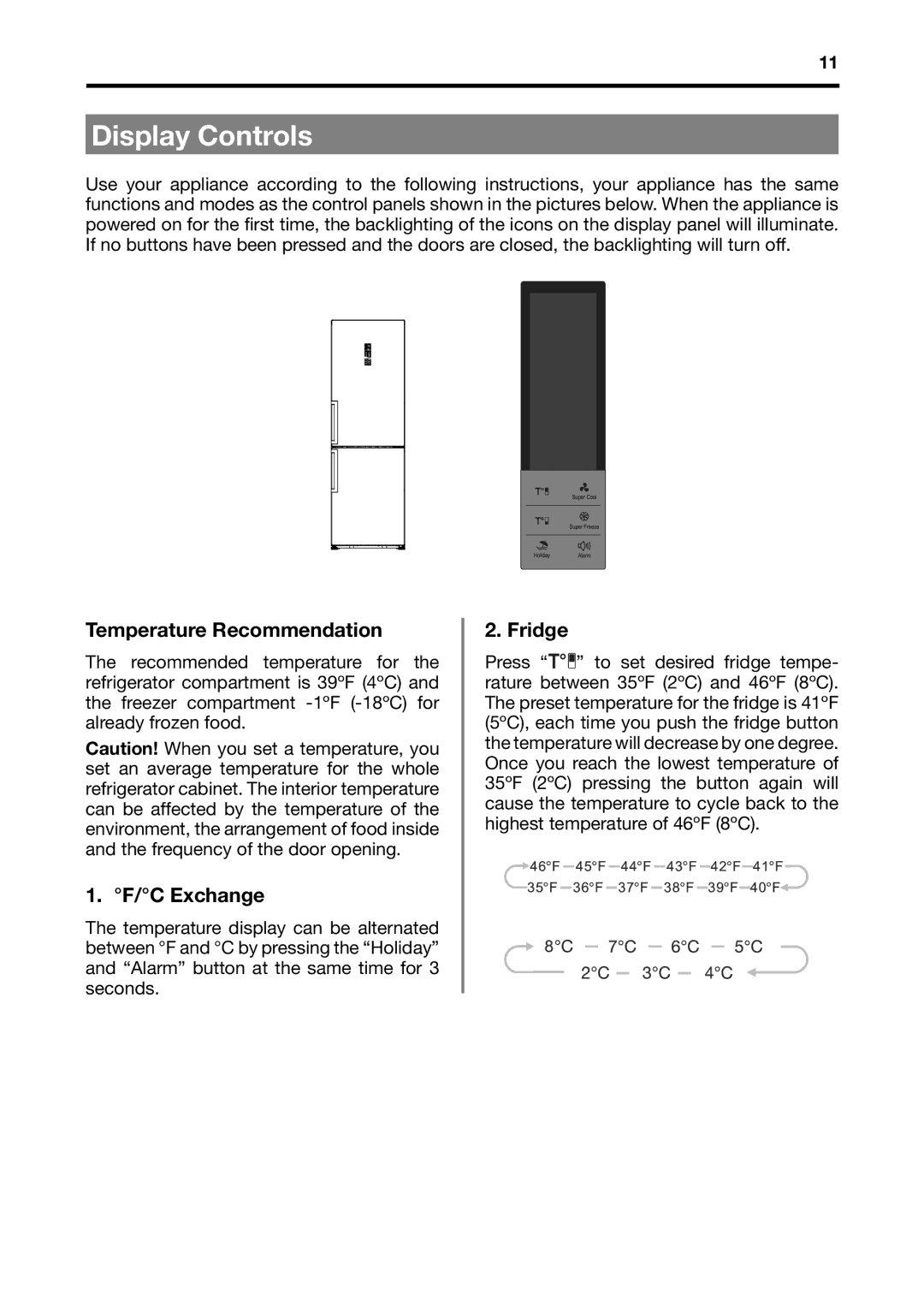 Fagor America BMF-200X manual Display Controls, Temperature Recommendation, C Exchange, Fridge 