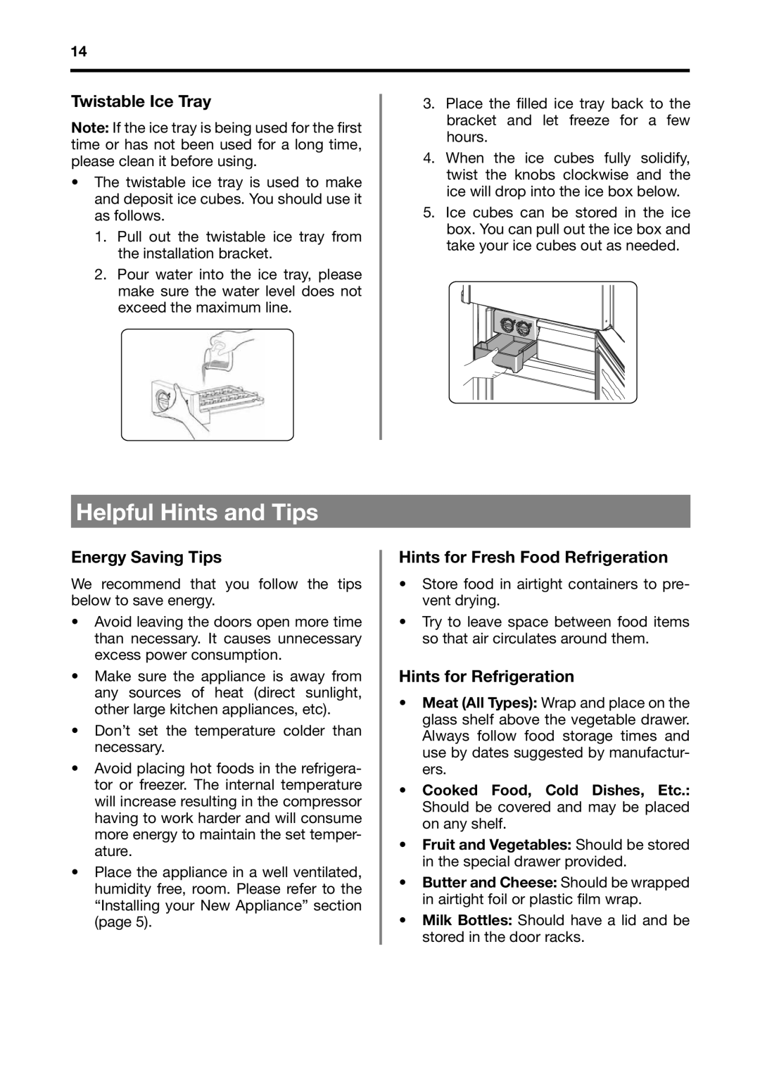 Fagor America BMF-200X Helpful Hints and Tips, Twistable Ice Tray, Energy Saving Tips, Hints for Fresh Food Refrigeration 