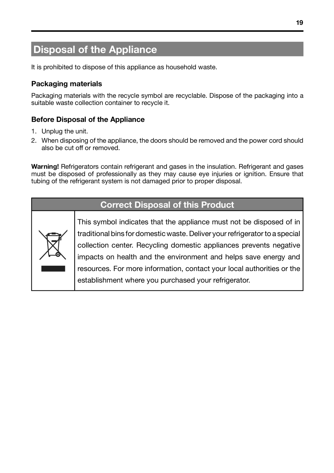 Fagor America BMF-200X manual Packaging materials, Before Disposal of the Appliance 