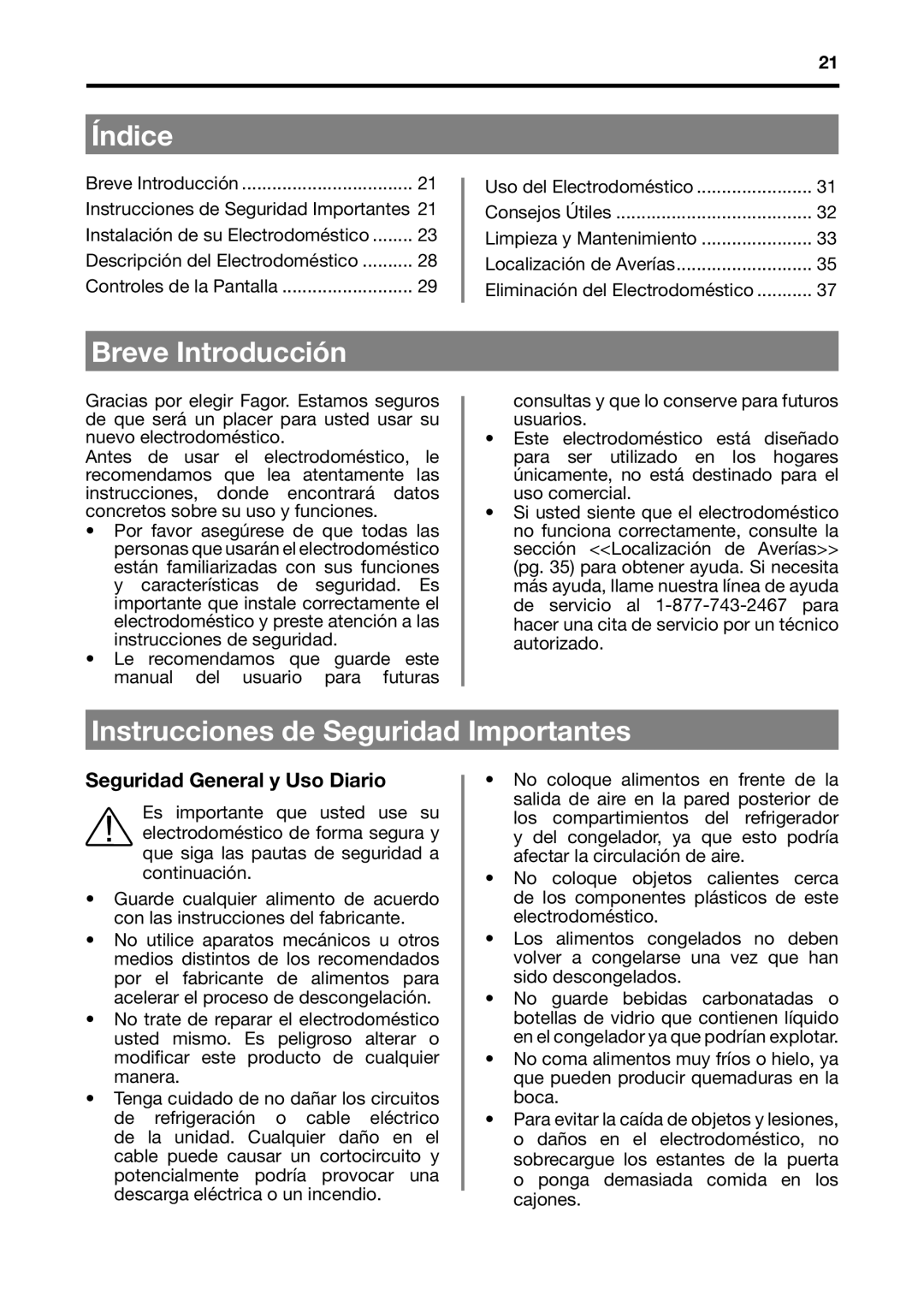 Fagor America BMF-200X Índice, Breve Introducción, Instrucciones de Seguridad Importantes, Seguridad General y Uso Diario 